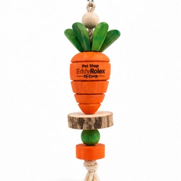 Pet Shop EddyRolex DJ Corp Hanging Wooden Carrot Chew Toy for Rabbits - Carrot Orange/Leaf Green/Natural Wood Beige